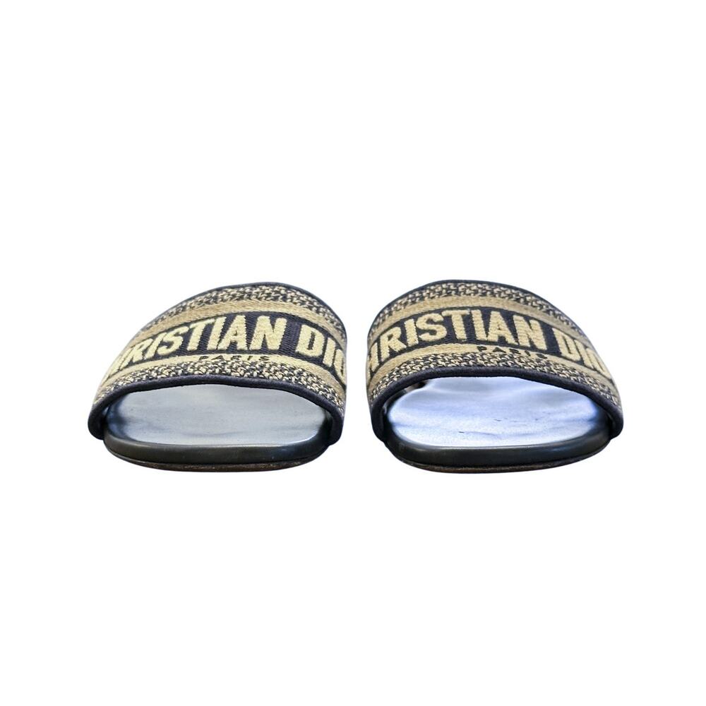 Christian Dior Dway Blue Toile Embroidered Logo Mules Slides Sandals Size 37.5 - Picture 4 of 8